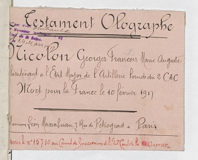MC/ET/LIX/1094, minute du 24 mars 1917 : enveloppe rouge de
                           transmission du testament au Service général des pensions